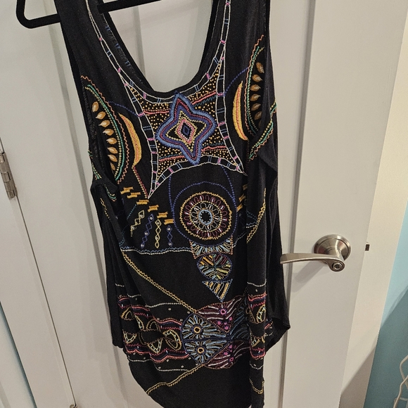 Free People Dresses & Skirts - Free People Hot To Trot Tank Tunic Top Black Embroidered Beaded Boho Hippie L